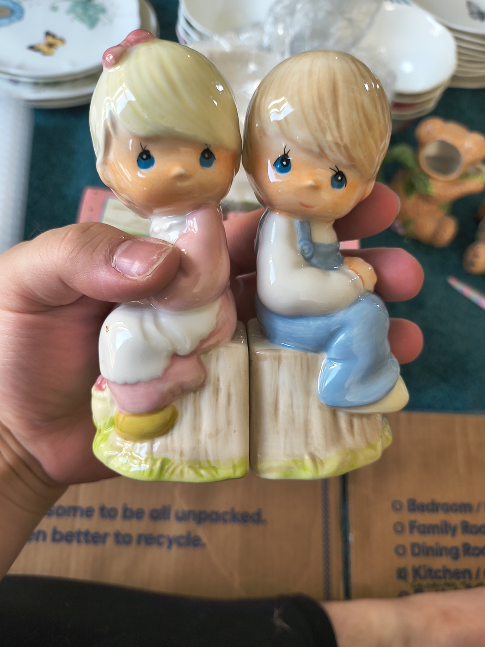 Precious Moments Pink & Blue Sitting Boy and Girl Salt and Pepper Shakers Set